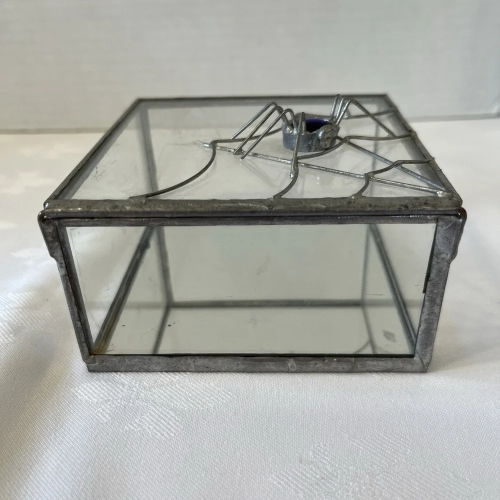 Gothic Trinket Box Blue Spider And Solder Web Mirror Glass Deco